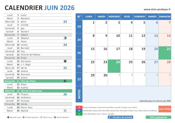 Calendrier de Juin 2026 avec une double vue claire et colorée, incluant les jours fériés, fêtes populaires, saints du jour, vacances scolaires, phases lunaires et numéros de semaine.