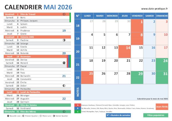 Calendrier de Mai 2026 avec une double vue claire et colorée, incluant les jours fériés, fêtes populaires, saints du jour, vacances scolaires, phases lunaires et numéros de semaine.