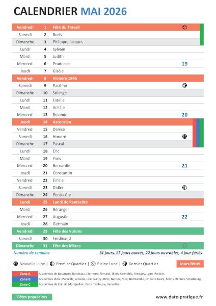 Calendrier du mois de mai 2026 avec fêtes, vacances scolaires, jours fériés et phases lunaires à imprimer gratuitement.