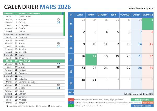 Calendrier de Mars 2026 avec une double vue claire et colorée, incluant les jours fériés, fêtes populaires, saints du jour, vacances scolaires, phases lunaires et numéros de semaine.