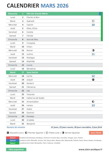 Calendrier du mois de Mars 2026 avec fêtes, vacances scolaires, jours fériés et phases lunaires à imprimer gratuitement.