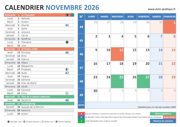 Calendrier de novembre 2026 incluant les jours fériés, fêtes à souhaiter, vacances scolaires, phases lunaires et numéros de semaine.