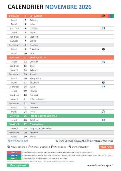 Calendrier mensuel de Novembre 2026 avec saints, fêtes, jours fériés, vacances scolaires, numéros de semaine et phases lunaires à télécharger gratuitement.