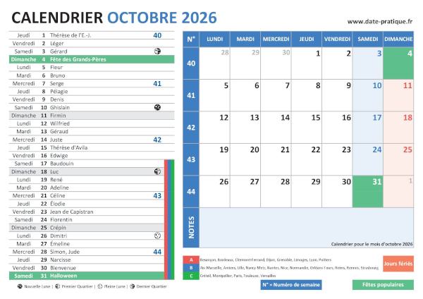 Calendrier d'Octobre 2026 avec une double vue claire et colorée, incluant les jours fériés, fêtes populaires, saints du jour, vacances scolaires, phases lunaires et numéros de semaine.