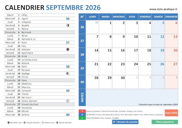 Calendrier de septembre 2026 avec une double vue claire et colorée, incluant les jours fériés, fêtes populaires, saints du jour, vacances scolaires, phases lunaires et numéros de semaine.