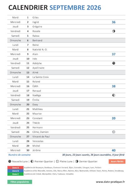 Calendrier mensuel de Septembre 2026 avec saints, fêtes, jours fériés, vacances scolaires, numéros de semaine et phases lunaires à télécharger gratuitement.