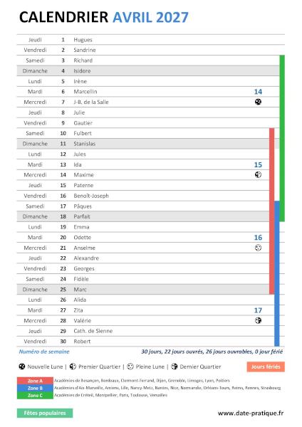 Calendrier mensuel d'Avril 2027 avec saints, fêtes, jours fériés, vacances scolaires, numéros de semaine et phases lunaires à télécharger gratuitement.