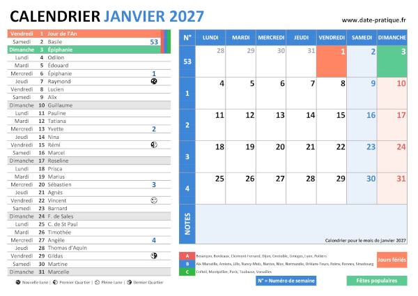Calendrier de janvier 2027 avec une double vue claire et colorée, incluant les jours fériés, fêtes populaires, saints du jour, vacances scolaires, phases lunaires et numéros de semaine.