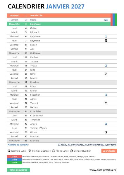 Calendrier de janvier 2027 avec saints, jours fériés et vacances scolaires.