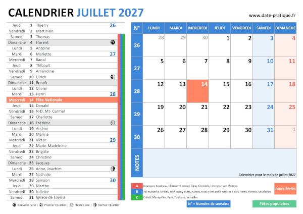 Calendrier de Juillet 2027 avec une double vue claire et colorée, incluant les jours fériés, fêtes populaires, saints du jour, vacances scolaires, phases lunaires et numéros de semaine.