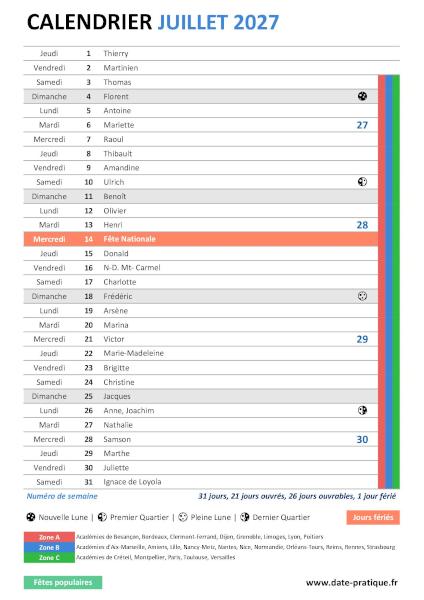 Calendrier mensuel de Juillet 2027 avec saints, fêtes, jours fériés, vacances scolaires, numéros de semaine et phases lunaires à télécharger gratuitement.