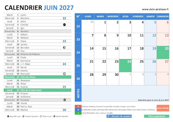 Calendrier de Juin 2027 avec une double vue claire et colorée, incluant les jours fériés, fêtes populaires, saints du jour, vacances scolaires, phases lunaires et numéros de semaine.