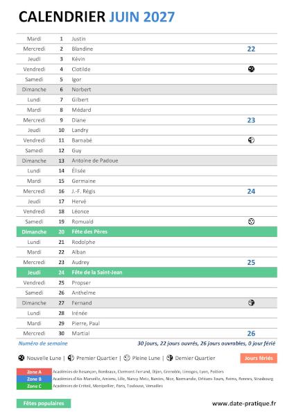 Calendrier mensuel de Juin 2027 avec saints, fêtes, jours fériés, vacances scolaires, numéros de semaine et phases lunaires à télécharger gratuitement.