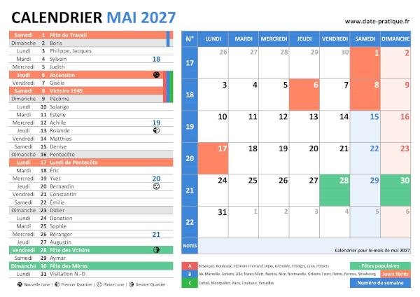 Calendrier de Mai 2027 avec une double vue claire et colorée, incluant les jours fériés, fêtes populaires, saints du jour, vacances scolaires, phases lunaires et numéros de semaine.