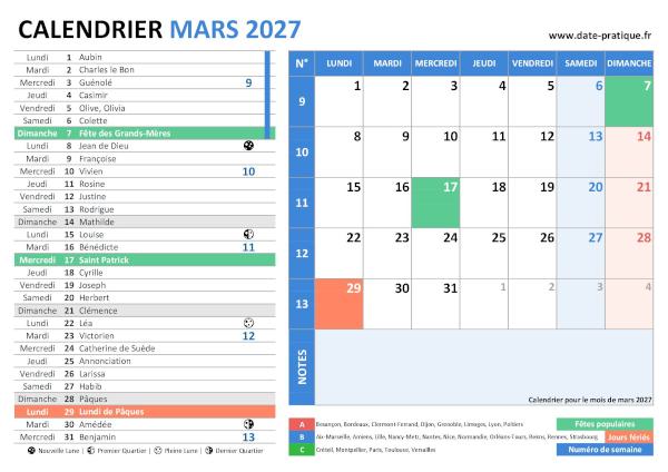 Calendrier de Mars 2027 avec une double vue claire et colorée, incluant les jours fériés, fêtes populaires, saints du jour, vacances scolaires, phases lunaires et numéros de semaine.