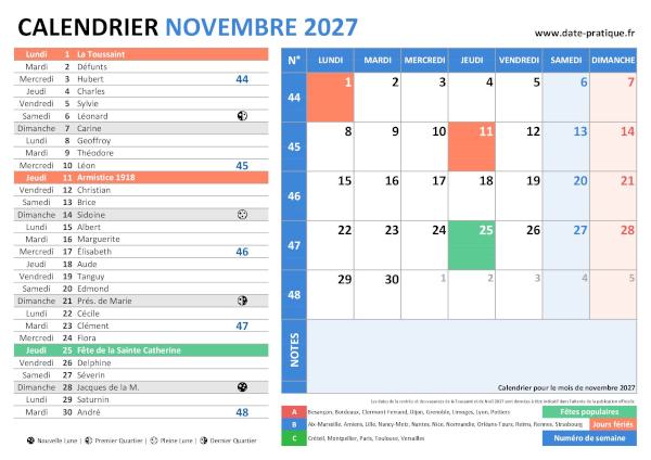 Calendrier de novembre 2027 incluant les jours fériés, fêtes à souhaiter, vacances scolaires, phases lunaires et numéros de semaine.