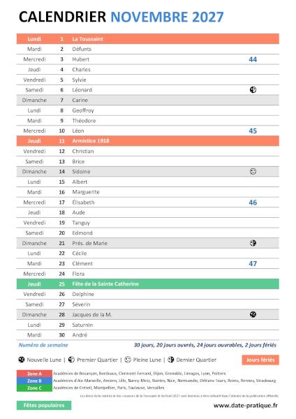 Calendrier mensuel de Novembre 2027 avec saints, fêtes, jours fériés, vacances scolaires, numéros de semaine et phases lunaires à télécharger gratuitement.