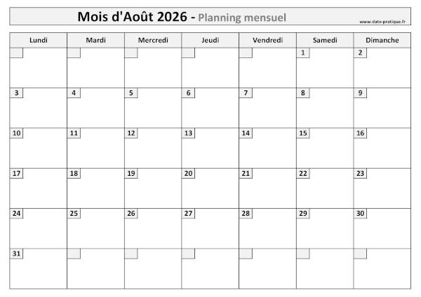 Planning Août 2026 à imprimer au format A4 paysage, pratique et clair.