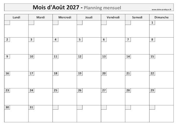 Calendrier mensuel vierge pour le mois d'Août 2027 à imprimer au format A4 paysage.