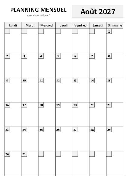 Planning Août 2027 à imprimer au format A4 portrait, pratique et clair.