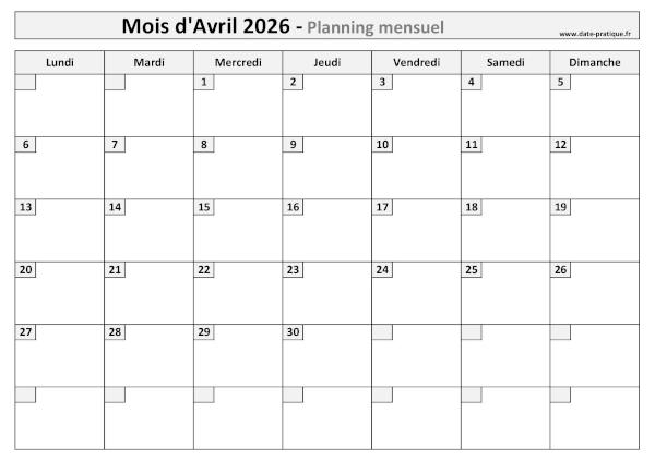Planning Avril 2026 à imprimer au format A4 paysage, pratique et clair.