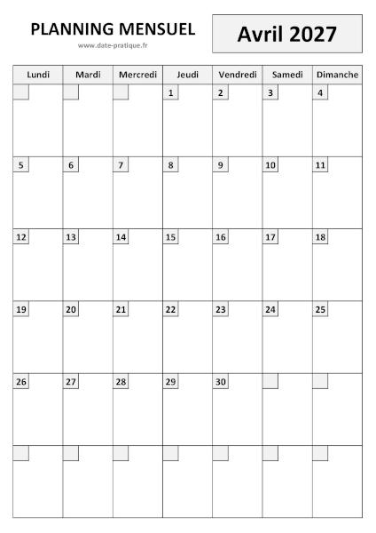 Planning Avril 2027 à imprimer au format A4 portrait, pratique et clair.