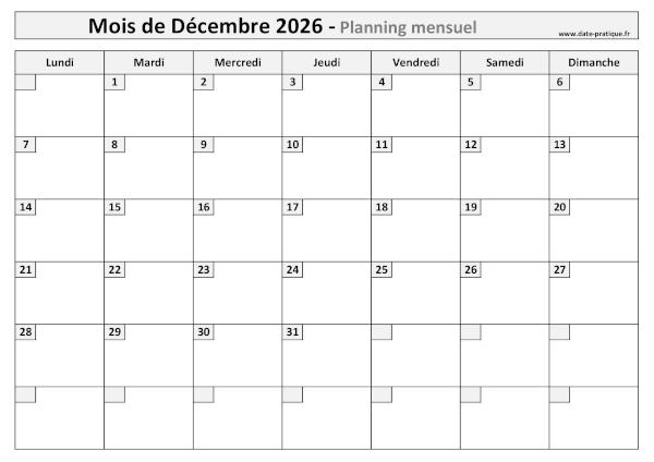 Planning Décembre 2026 à imprimer au format A4 paysage, pratique et clair.