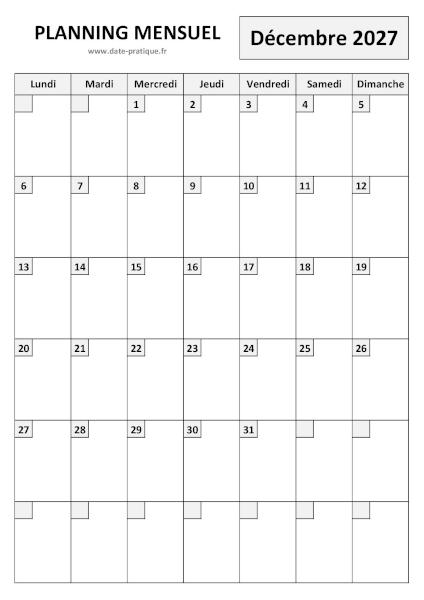 Planning Décembre 2027 à imprimer au format A4 portrait, pratique et clair.