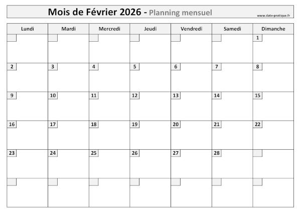Planning Février 2026 à imprimer au format A4 paysage, pratique et clair.