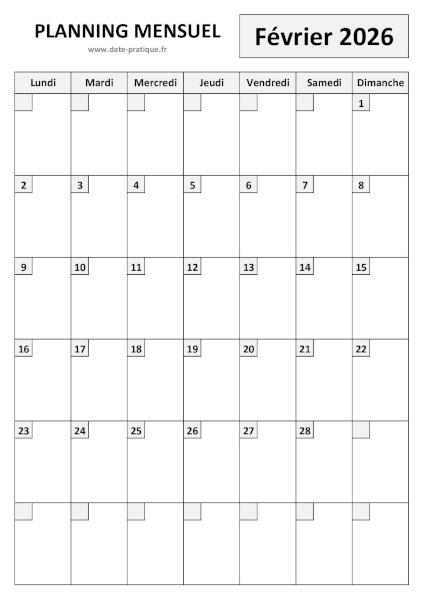 Planning Février 2026 à imprimer au format A4 portrait, pratique et clair.