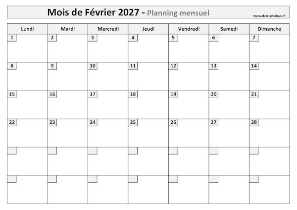 Calendrier mensuel vierge pour le mois de Février 2027 à imprimer au format A4 paysage.
