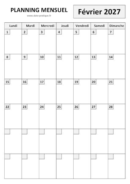 Planning Février 2027 à imprimer au format A4 portrait, pratique et clair.
