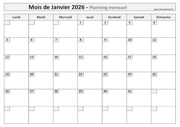 Planning Janvier 2026 à imprimer au format A4 paysage, pratique et clair.