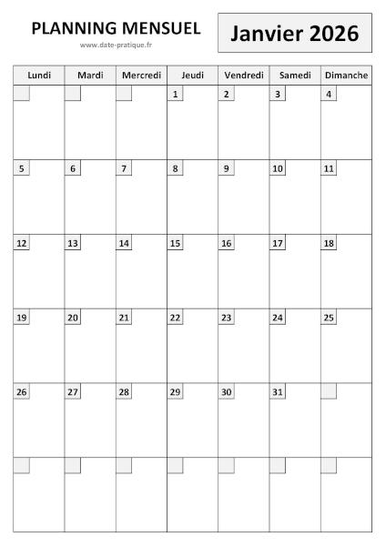 Planning Janvier 2026 à imprimer au format A4 portrait, pratique et clair.