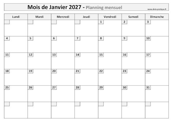Planning Janvier 2027 à imprimer au format A4 paysage, pratique et clair.