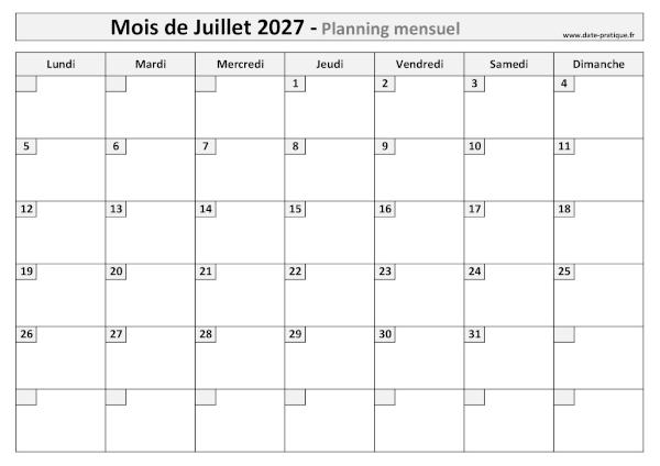 Planning Juillet 2027 à imprimer au format A4 paysage, pratique et clair.