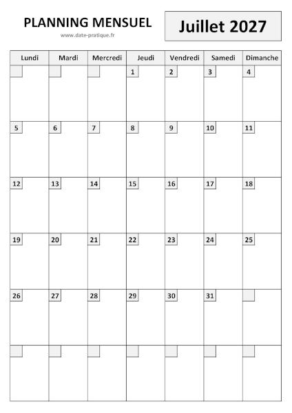 Planning Juillet 2027 à imprimer au format A4 portrait, pratique et clair.