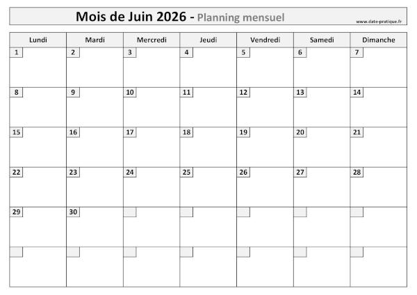 Planning Juin 2026 à imprimer au format A4 paysage, pratique et clair.