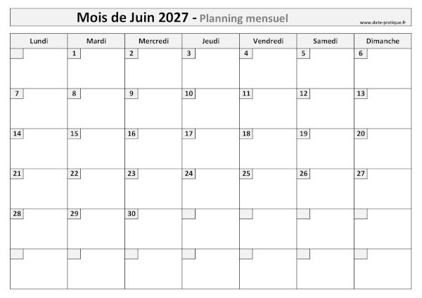 Planning Juin 2027 à imprimer au format A4 paysage, pratique et clair.