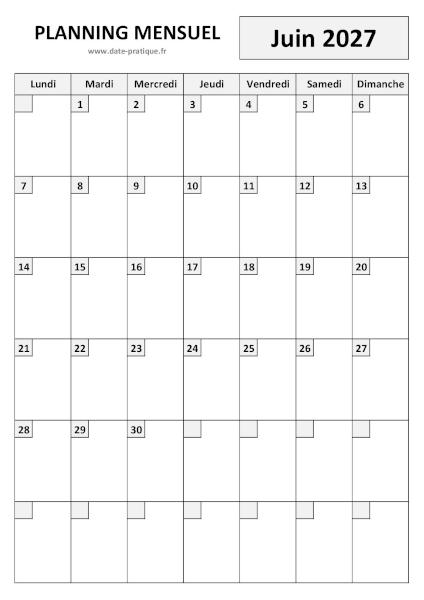 Planning Juin 2027 à imprimer au format A4 portrait, pratique et clair.