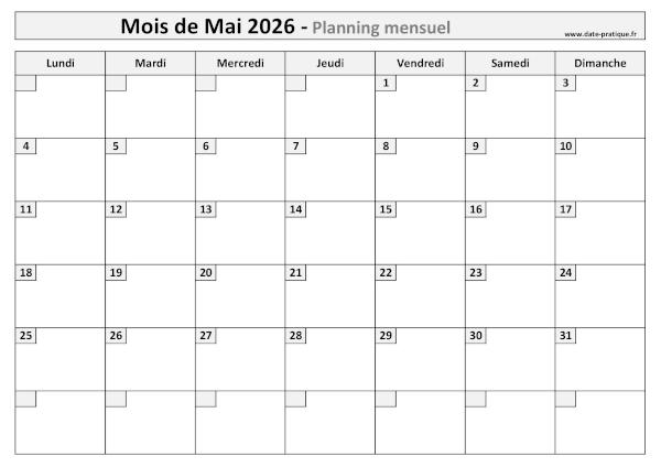 Planning Mai 2026 à imprimer au format A4 paysage, pratique et clair.