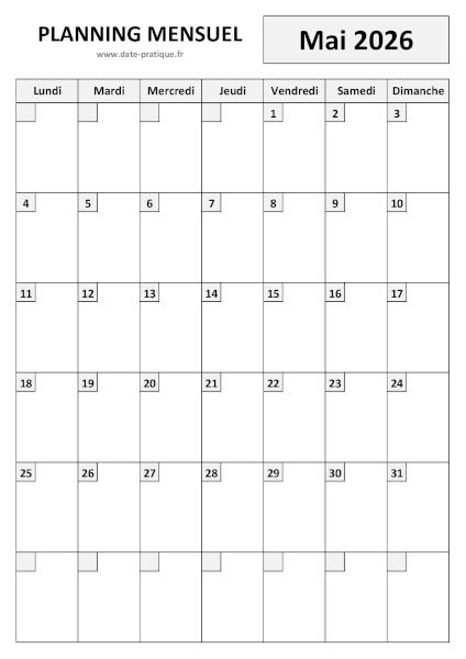 Planning Mai 2026 à imprimer au format A4 portrait, pratique et clair.