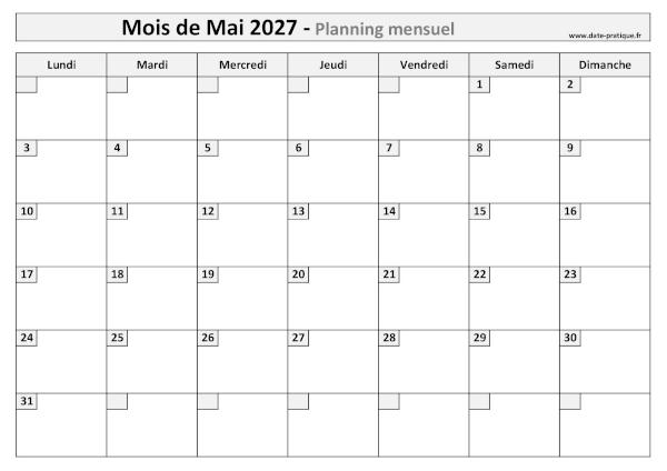 Planning Mai 2027 à imprimer au format A4 paysage, pratique et clair.