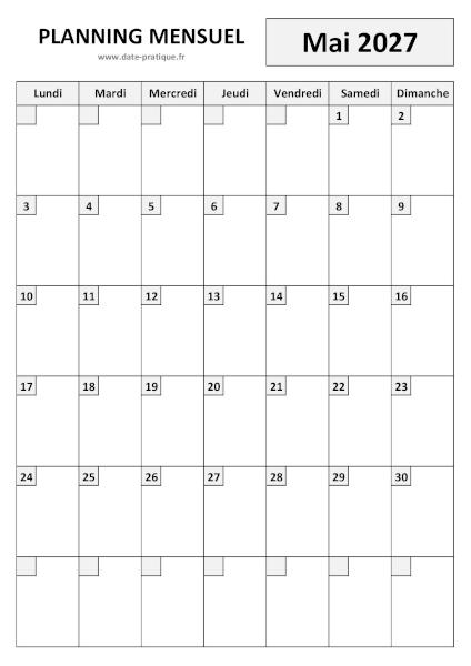 Planning Mai 2027 à imprimer au format A4 portrait, pratique et clair.
