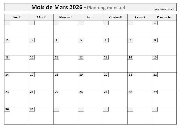 Planning Mars 2026 à imprimer au format A4 paysage, pratique et clair.