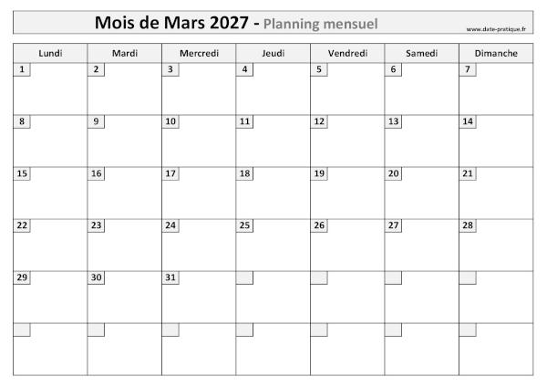 Planning Mars 2027 à imprimer au format A4 paysage, pratique et clair.