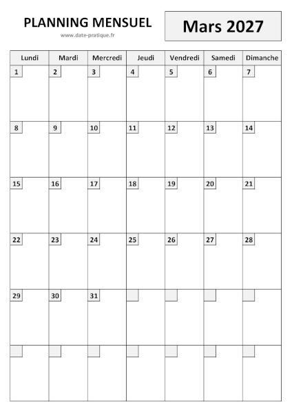 Planning Mars 2027 à imprimer au format A4 portrait, pratique et clair.