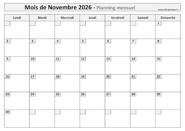 Calendrier mensuel vierge pour le mois de Novembre 2026 à imprimer au format A4 paysage.