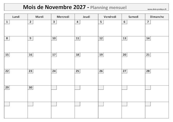 Calendrier mensuel vierge pour le mois de Novembre 2027 à imprimer au format A4 paysage.
