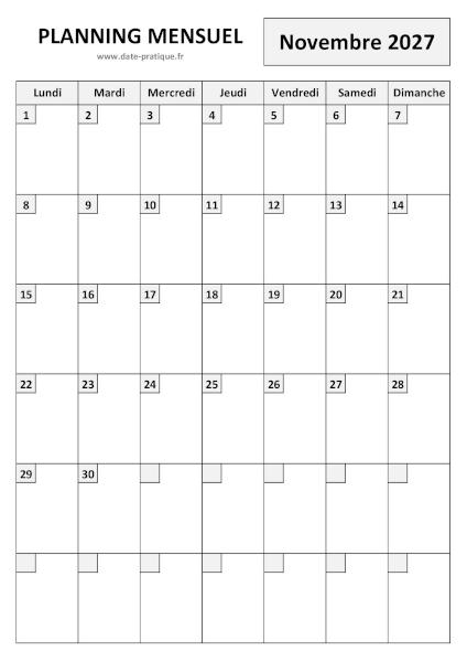 Planning Novembre 2027 à imprimer au format A4 portrait, pratique et clair.